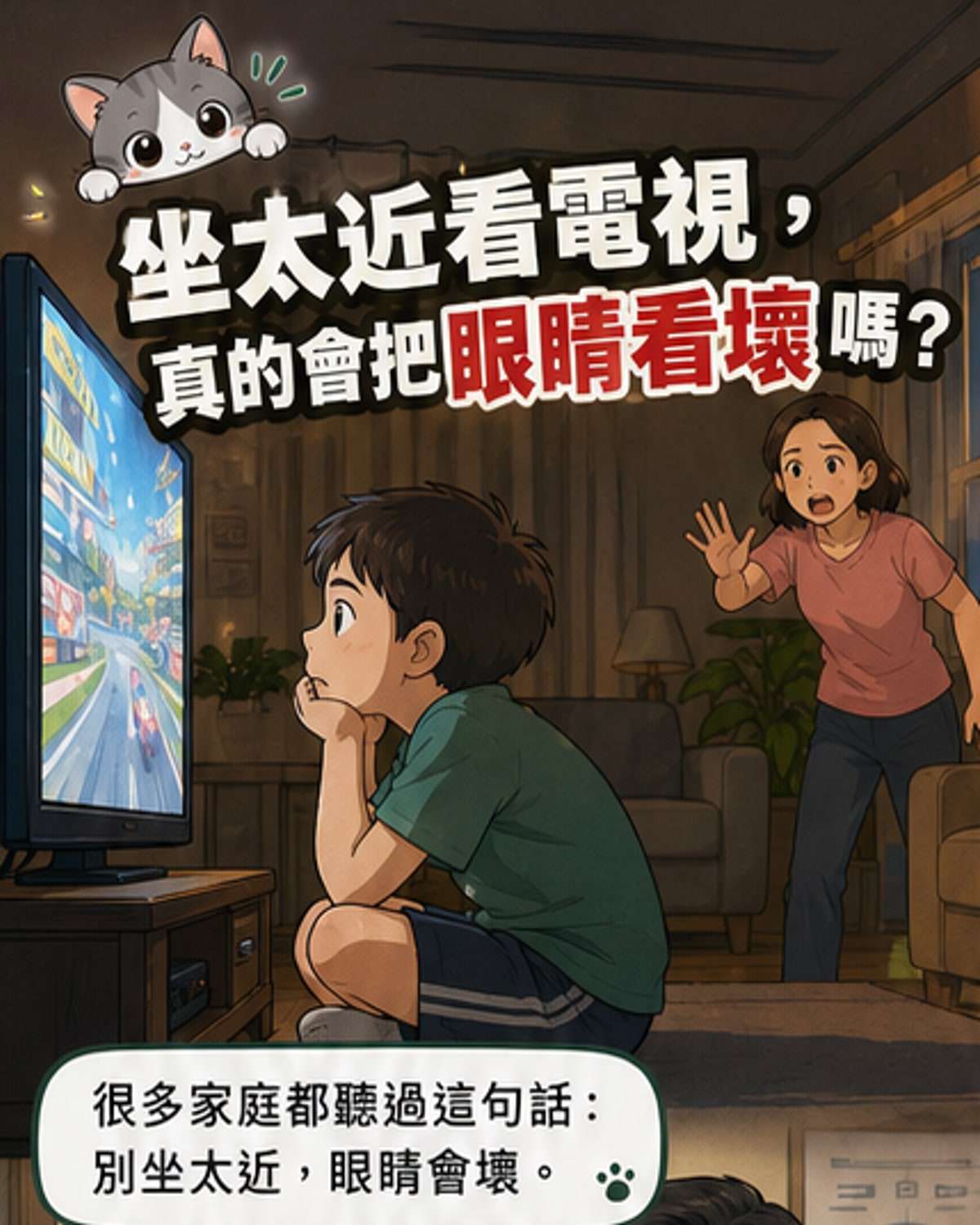 一名孩子坐在沙發前近距離盯著電視，家長在後方提醒，背景顯示科學解說圖示說明眼睛肌肉運作與近視關係。