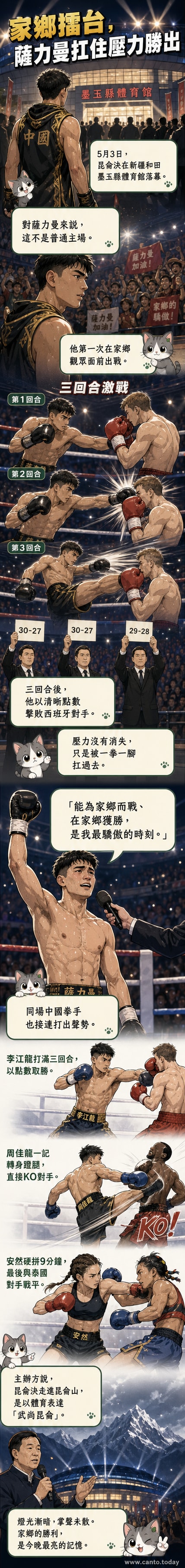 薩力曼在新疆和田主場比賽中出拳,現場觀眾熱烈吶喊,背景為崑崙決賽事標誌與燈光舞台。