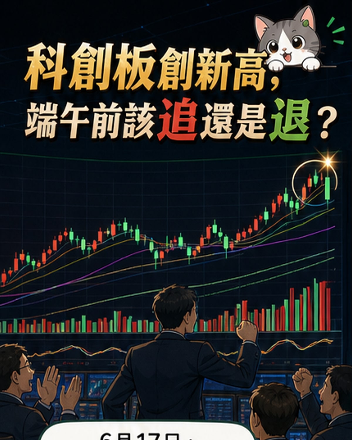 一張圖表顯示科创板指數在2026年6月17日暴漲3.21%創下歷史新高，背景為交易大廳與數位螢幕，投資人神情專注。
