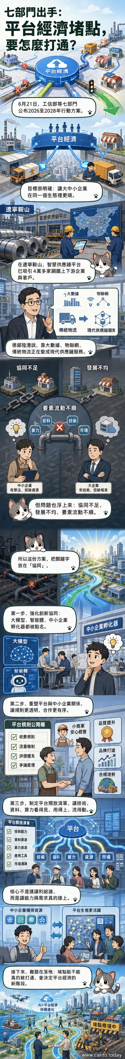 一張示意圖展示大型平台企業與眾多中小企業透過數位橋樑連結，數據與資源在生態圈內流動，象徵協同發展。