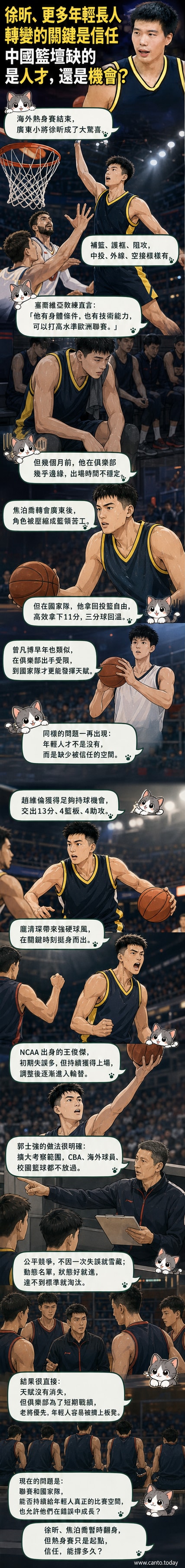 漫畫風格插圖:中國男籃新星徐昕在禁區高高躍起完成封蓋,背景為熱身賽現場與戰術板,象徵個人突破與體系變革。