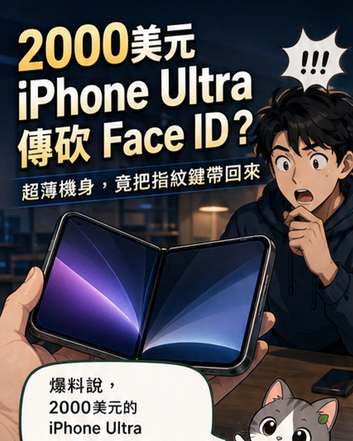 一張概念圖展示iPhone Ultra採用側邊指紋辨識與單挖孔螢幕的全新設計