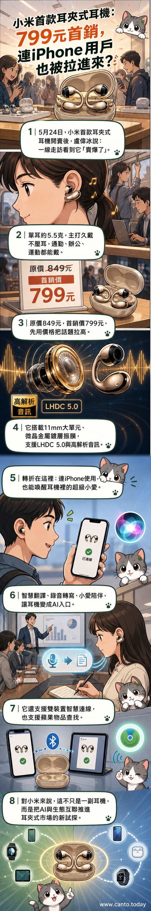 小米首款耳夾式耳機產品渲染圖,展示其輕巧外型與磁吸充電盒設計