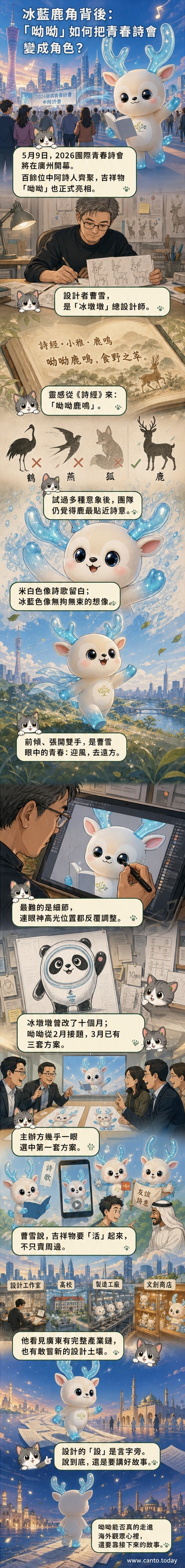 一隻米白色小鹿,頭頂冰藍色鹿角,雙手張開向前傾身,背景為詩意線條與星空,傳達青春與詩歌的融合。