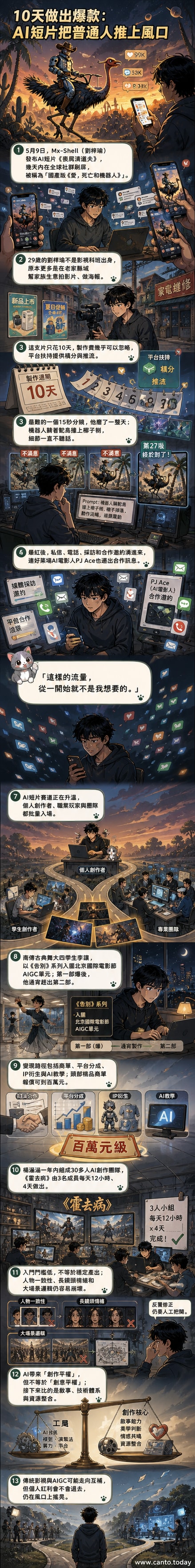 AI短片《喪屍清道夫》劇照,一名機械牛仔在末日城市中騎著機械駱鳥穿越廢墟,風格融合原子朋克與科幻元素