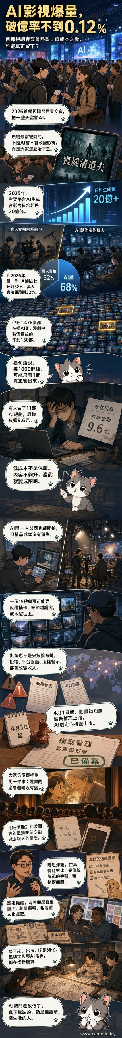一組AI生成的影視畫面疊加數據流,前景是一位創作者盯著螢幕,表情凝重,象徵AI時代內容創作的壓力與掙扎