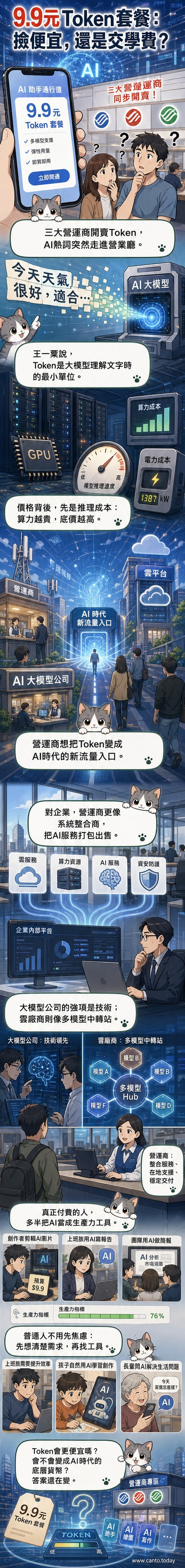 AI時代的Token經濟示意圖，象徵數據、算力與金錢交換的流動過程，背景為電信門市與雲端伺服器融合場景
