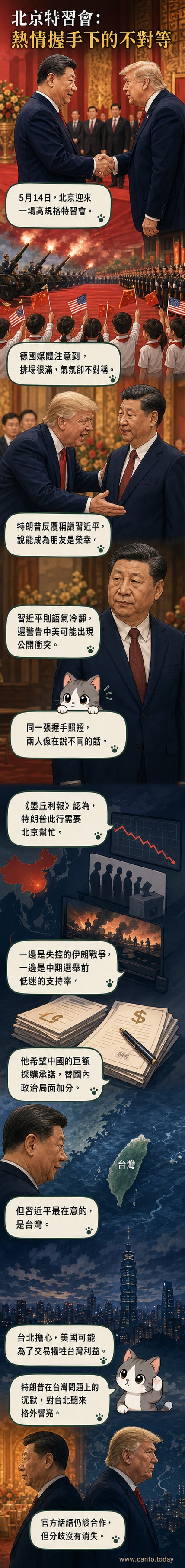 北京人民大會堂外,特朗普與習近平握手合影,現場鋪設紅地毯,背景有揮舞小旗的兒童隊伍,氣氛隆重但神情嚴肅。