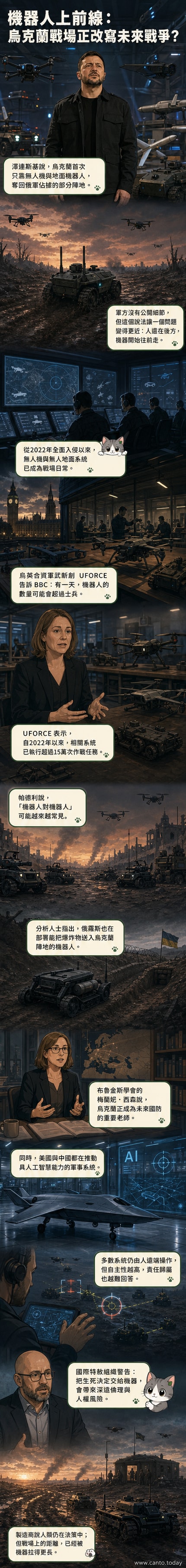 一組機械戰士在煙霧瀰漫的戰場上對峙,空中與地面的無人機與機器人正進行交戰,背景為烏克蘭鄉間地形。