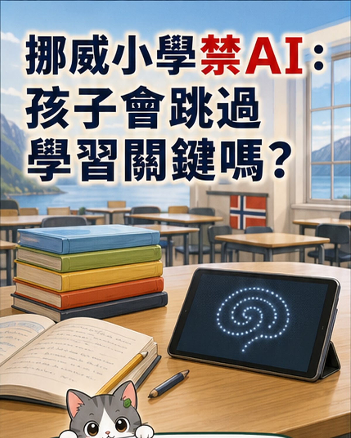 一幅北歐風格插畫，描繪挪威小學生在紙本課本與黑板前學習，教室角落的平板顯示禁止符號，象徵AI工具被排除在小學教育之外。