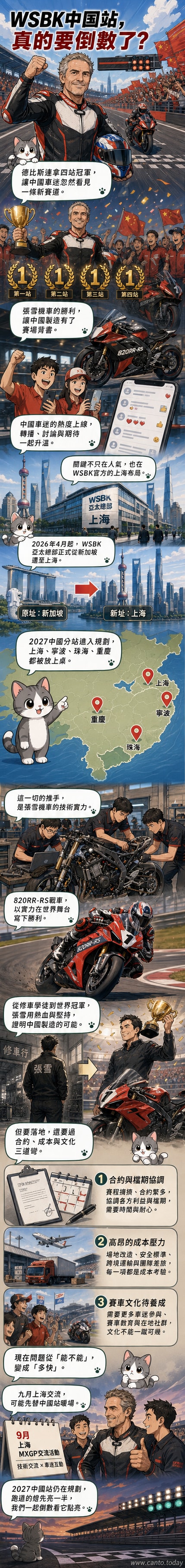 戴著印有五星紅旗頭盔的法國車手德比斯站在領獎台上,身後是張雪機車的賽車與中國元素塗裝。