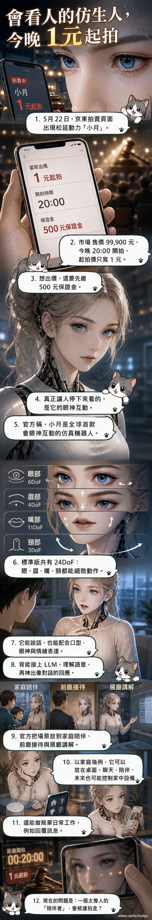 一臺外觀高度擬真的仿生機器人「小月」坐在桌前,眼神溫和地望向觀者,背景為科技感十足的拍賣倒計時畫面。