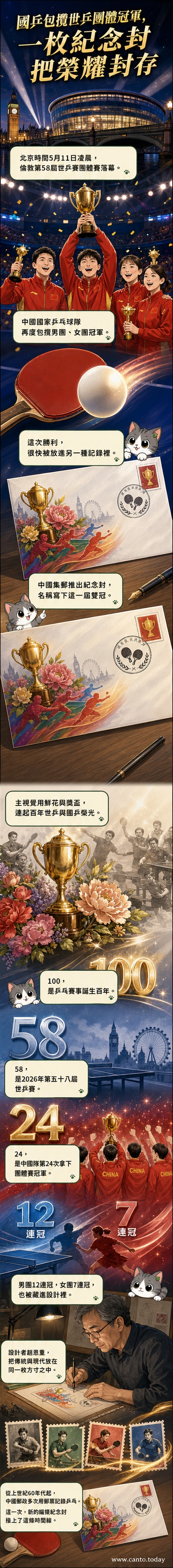 一枚以鮮花與獎盃為主視覺的紀念封，背景閃爍著數字100、58、24、12與7，象徵中國乒乓隊在2026年世乒賽的百年榮耀與連冠紀錄。