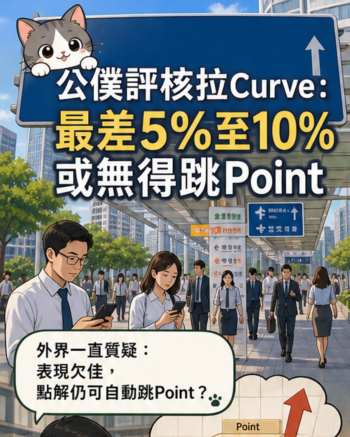 一幅示意圖展示香港公務員評核制度改革,畫面中公務員站在不同等級的階梯上,頂端獲得獎勵,底層則標示「不獲增薪點」。