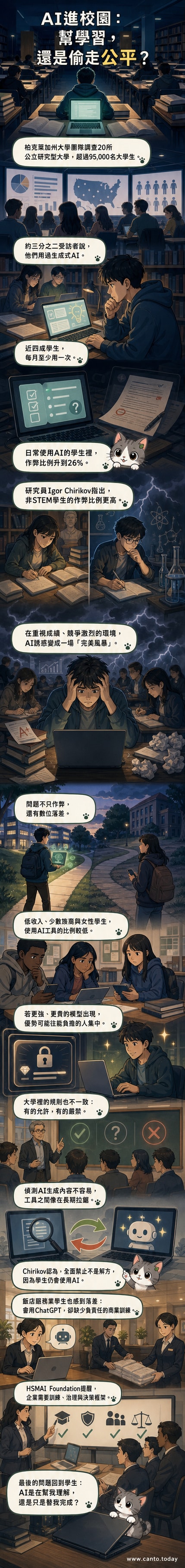 一名大學生在筆電上使用AI工具寫報告,背景浮現成績單、鎖頭與不同膚色學生剪影,象徵學術誠信與數位落差議題