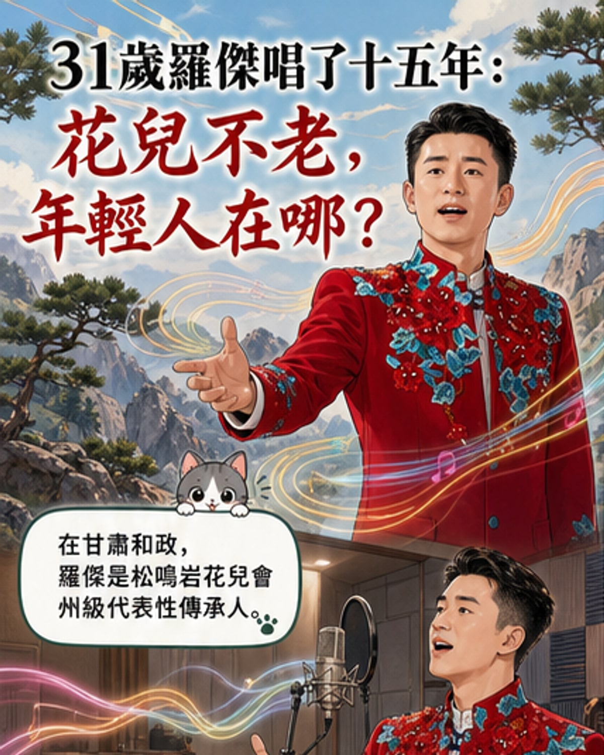 一位年輕男子在簡樸的工作室中閉眼高歌,身後掛著非遺傳承人證書,窗外是松鳴岩的山景。