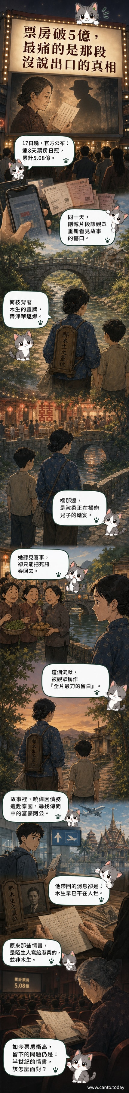 電影《给阿嬷的情书》海報，一位阿嬷坐在老屋門前，手中握著泛黃信紙，背景是潮汕風貌的村落與遠山。