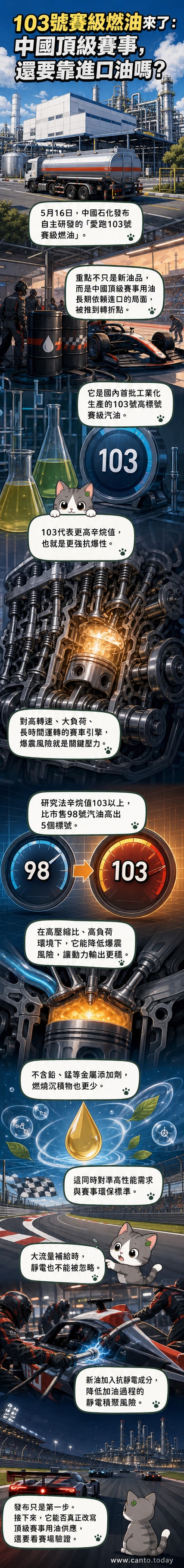 中國石化愛跑103號賽級燃油產品圖,背景為賽車在賽道上飛馳。