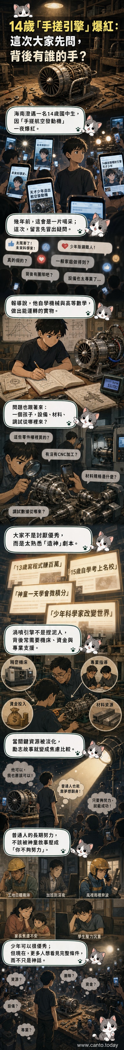 一名戴眼鏡的少年站在工作台前,手中拿著自製的發動機零件,背景是機械工具與藍色科技感線條,畫面中央浮現問號,象徵公眾對其成就真實性的質疑。