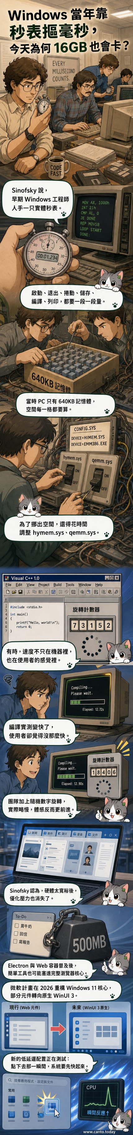一排1990年代工程師坐在電腦前，每人手持碼表測試程式效能，背景顯示DOS介面與Windows 3.1系統畫面