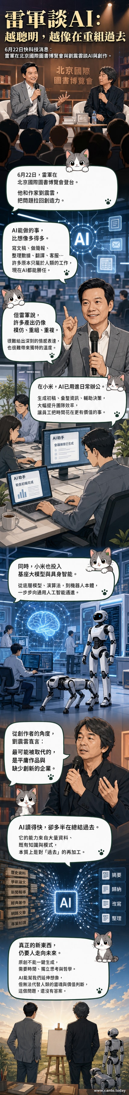 雷軍與劉震云在北京國際圖書博覽會對談AI與人類創造力的場景,背景為講台與觀眾席。