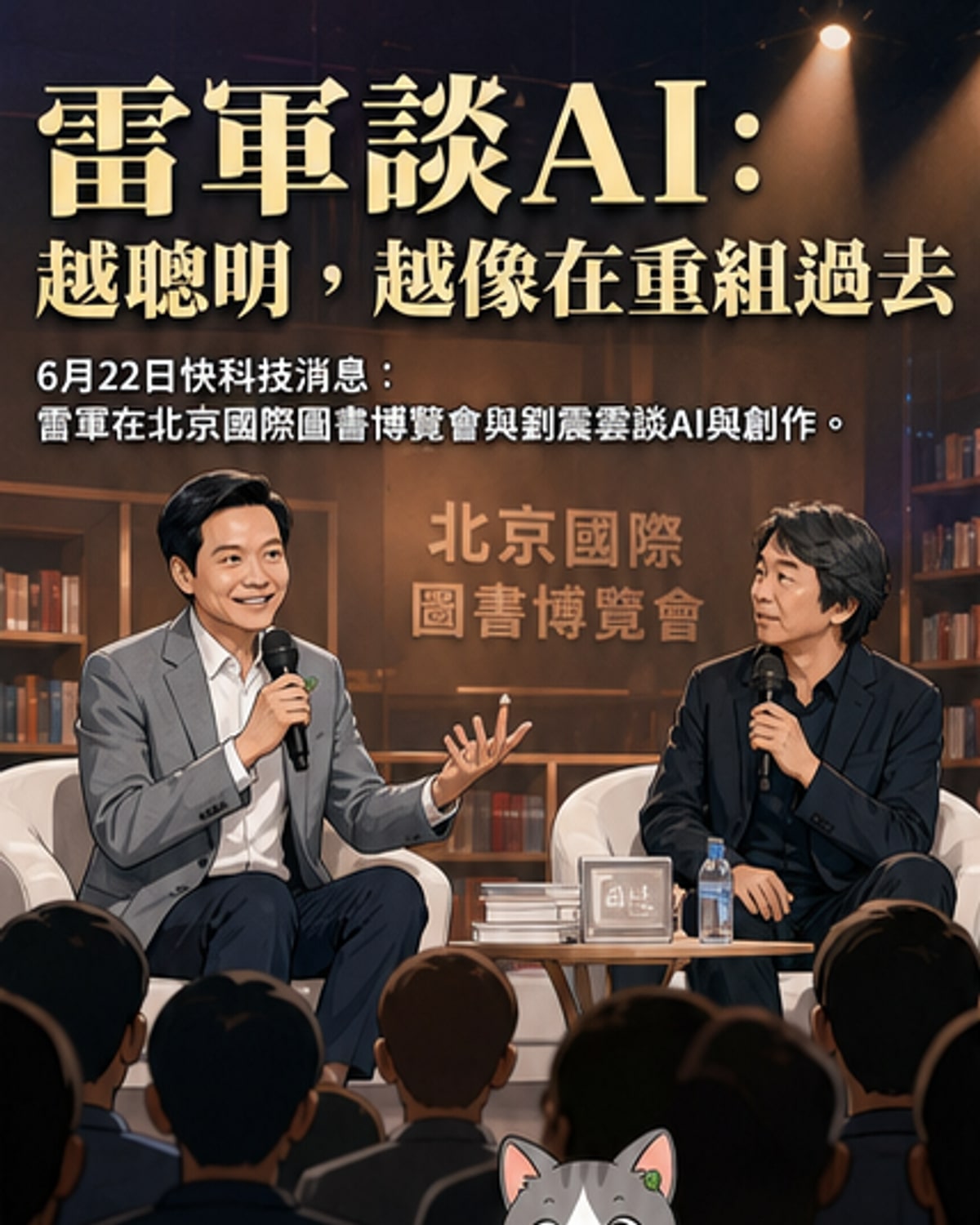 雷軍與劉震云在北京國際圖書博覽會對談AI與人類創造力的場景,背景為講台與觀眾席。
