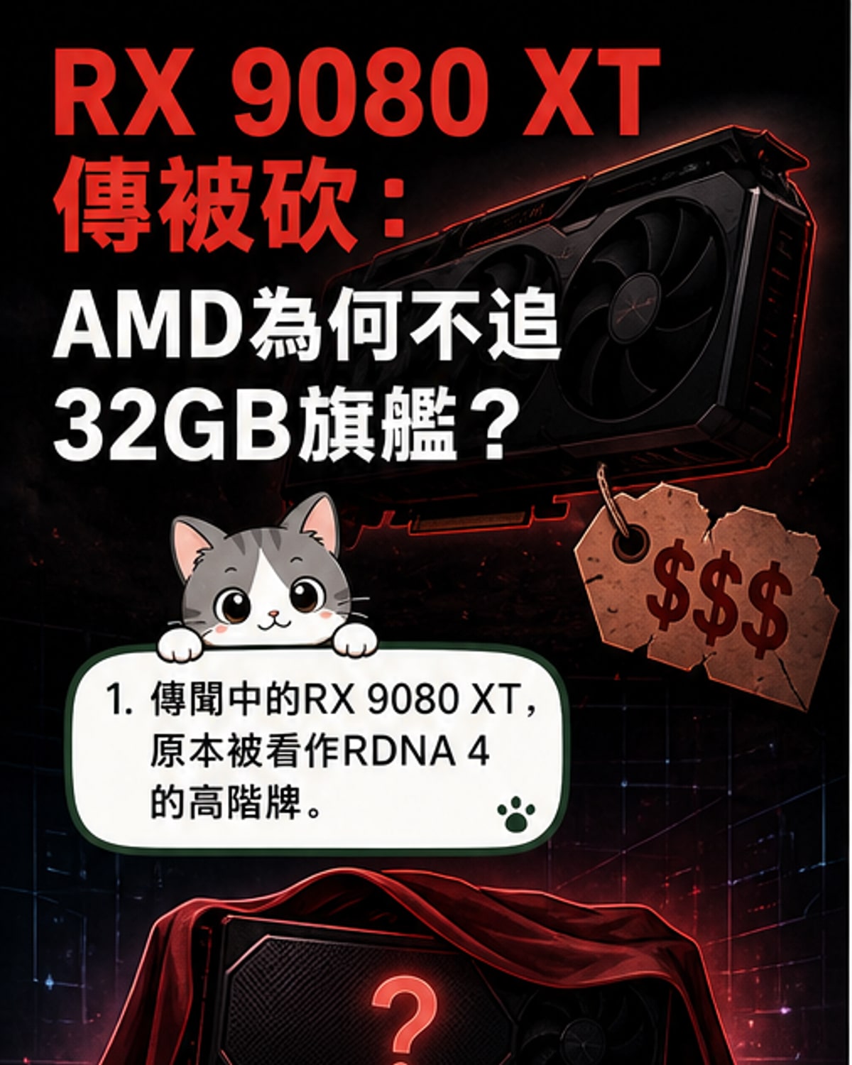 一張未發布的AMD RX 9080 XT顯卡概念圖,周圍環繞GDDR6與GDDR7顯存成本對比圖表