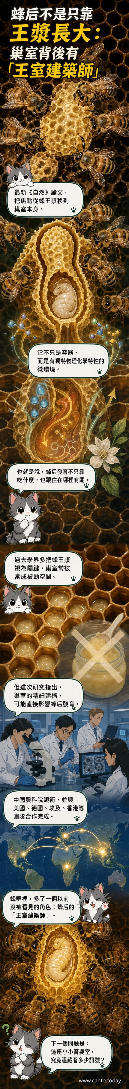 插畫呈現一群工蜂圍繞著花生形的蜂后巢室，其中幾隻特別標示為「王室建築師」，背景為蜂巢微觀結構，展現科學細節。