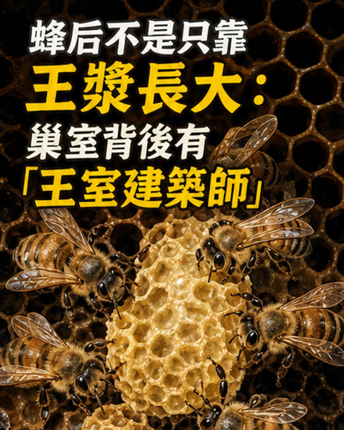 插畫呈現一群工蜂圍繞著花生形的蜂后巢室,其中幾隻特別標示為「王室建築師」,背景為蜂巢微觀結構,展現科學細節。