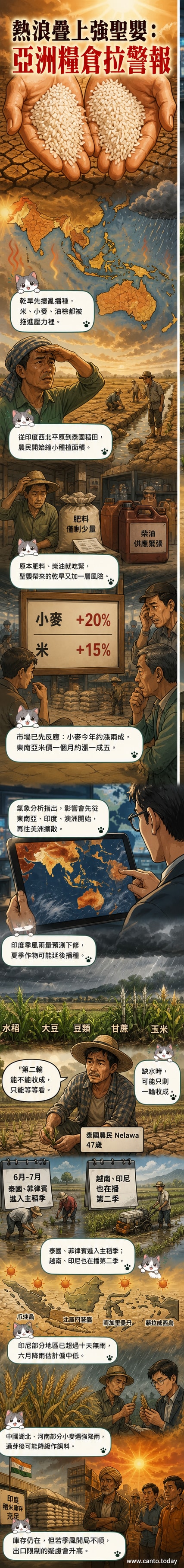 一張示意圖顯示亞洲地圖上多國農田乾裂,氣溫計顯示高溫,天空無雲,象徵厄爾尼諾現象導致的乾旱對農業的衝擊。