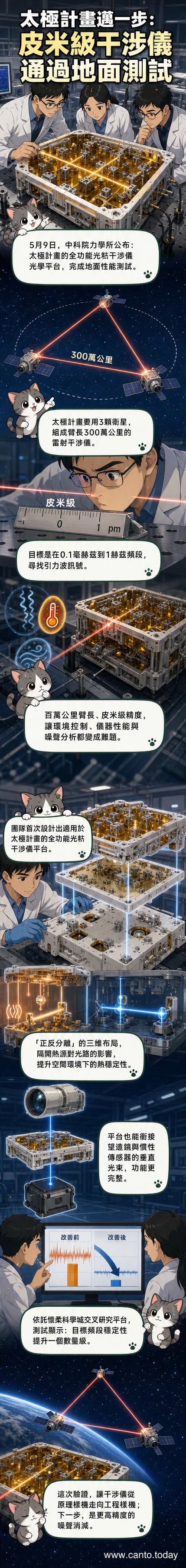 「太極計劃」干涉儀示意圖,三顆衛星在太空中組成巨大三角形,發射激光進行引力波探測