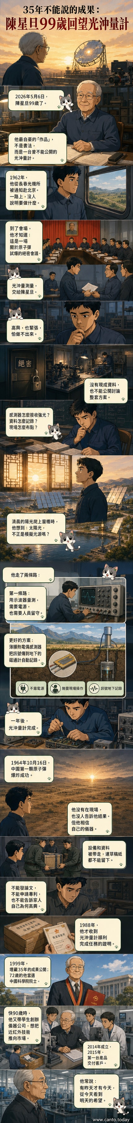 白髮長者手持書法作品，身後是實驗室與光學儀器的剪影，象徵一生隱姓埋名的科學奉獻。
