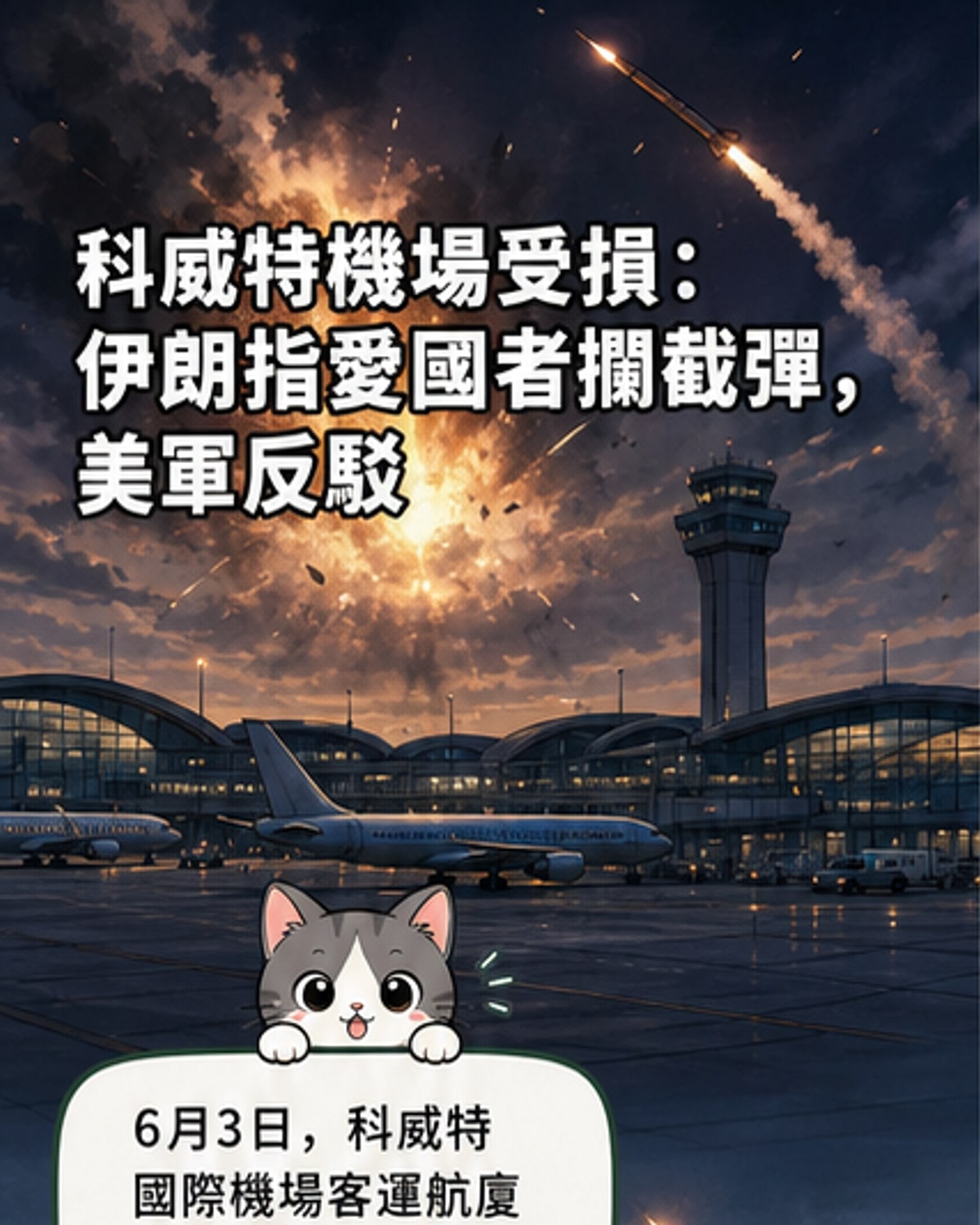科威特國際機場航站樓外觀受損，背景可見疑似導彈殘骸，周邊有應急人員戒備。