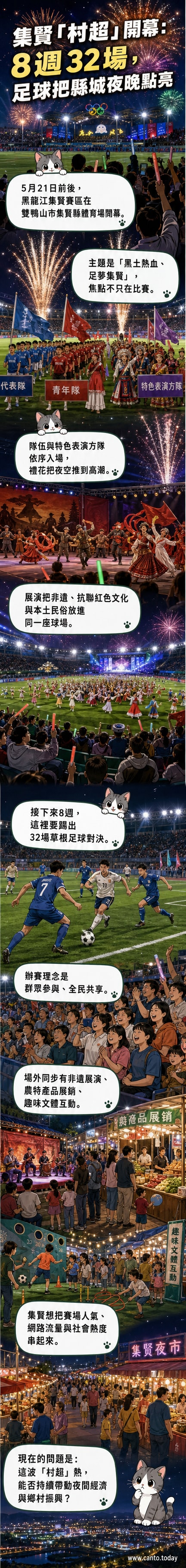 集賢縣體育場內舉行村超開幕式,選手列隊入場,背景綻放禮花,觀眾熱情揮舞旗幟。