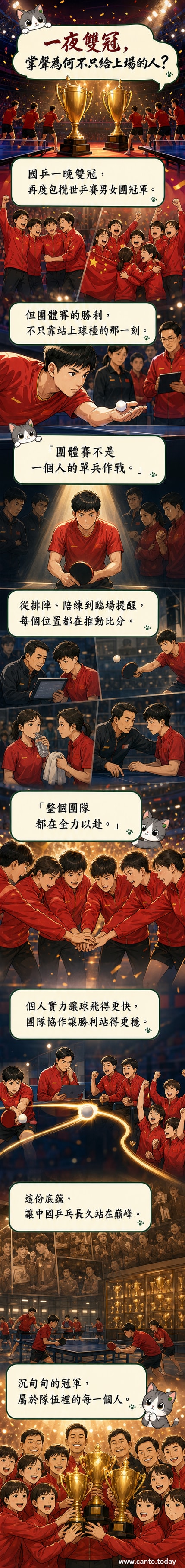 中國乒乓球隊成員高舉男女團冠軍獎盃,全隊身穿紅色隊服在頒獎台上慶祝勝利