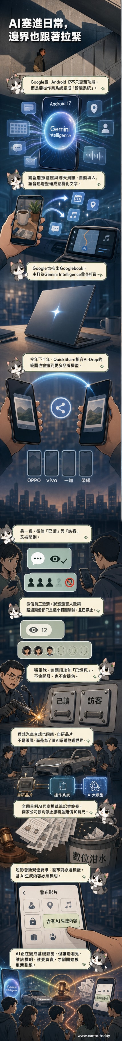 Android 17宣傳圖,展示Gemini AI浮現在手機螢幕上,周圍環繞著新功能圖示如語音輸入、小工具生成與跨裝置連結。