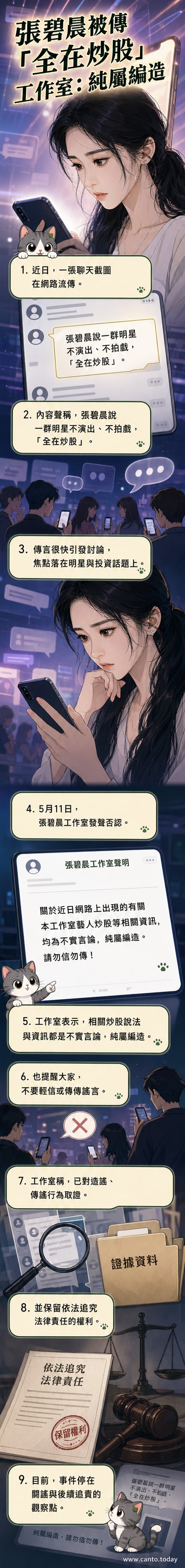 張碧晨工作室針對網傳藝人集體炒股謠言發布澄清聲明的示意圖,背景為手機螢幕顯示聊天記錄截圖。