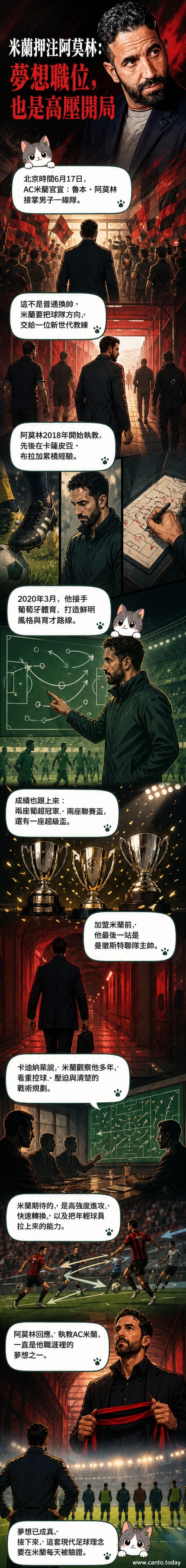 AC米蘭新任主帥魯本·阿莫林身穿正式西裝站在球場邊，背後是米蘭標誌性紅黑條紋球衣與俱樂部徽章，象徵正式接掌帥印。