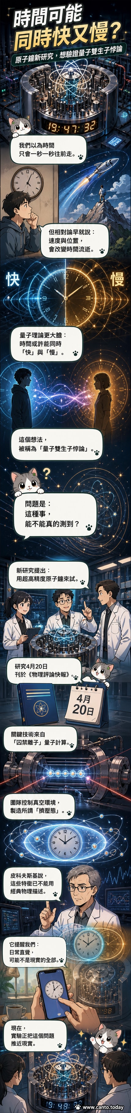 一對同步運行但顯示不同時間流速的原子鐘，背景為量子疊加態示意圖
