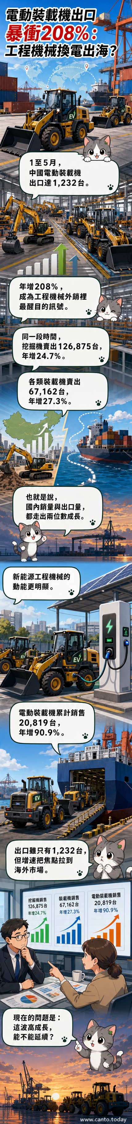 一排藍白色調的電動裝載機整齊停放在工廠區，背景有「Made in China」標示與出口貨櫃，象徵新能源工程機械的國際輸出。