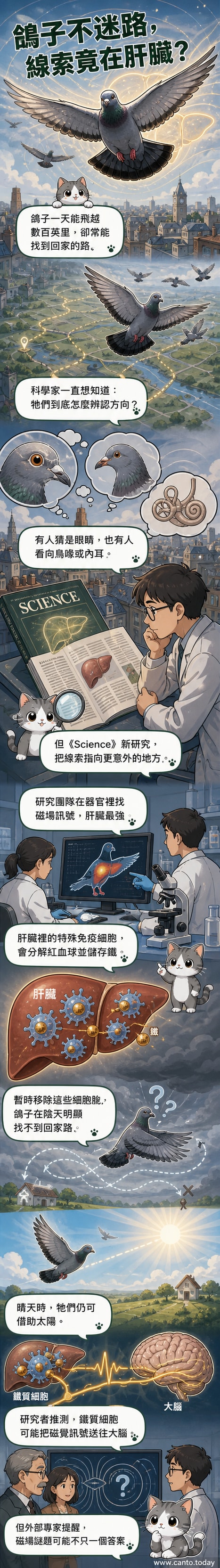 一隻鴿子站在地圖上，肝臟部位發出微弱磁場光暈，象徵其內建導航系統的科學發現