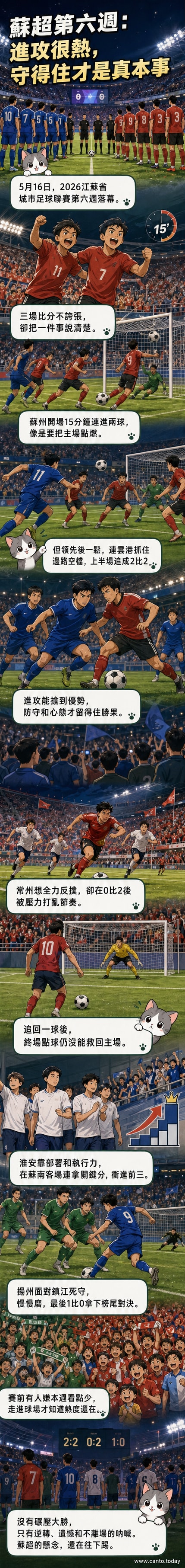 蘇超第六週比賽現場,球員在場上激烈拼搶,看台球迷揮舞旗幟吶喊助威。
