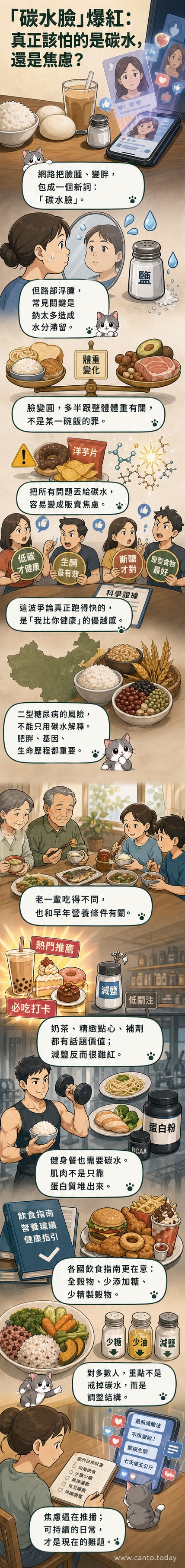 一張插畫展示一個人對著鏡子看自己的臉,旁邊標示「碳水臉」三個字被打上問號,背景有米飯、麵包與鹽罐,象徵飲食迷思的討論。