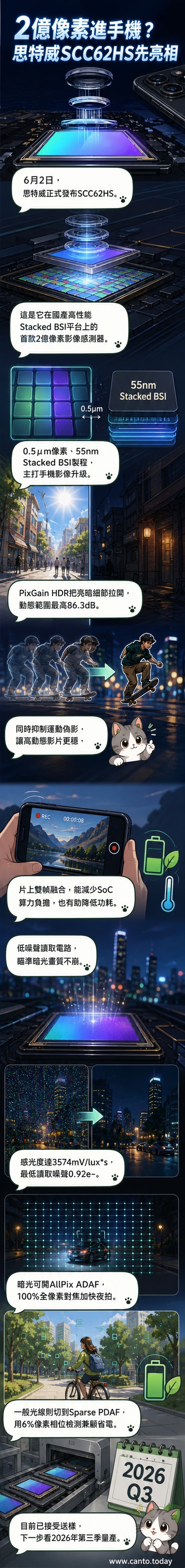 一塊2億像素的CMOS影像傳感器晶片,背景為智慧型手機攝影模組與光路示意圖