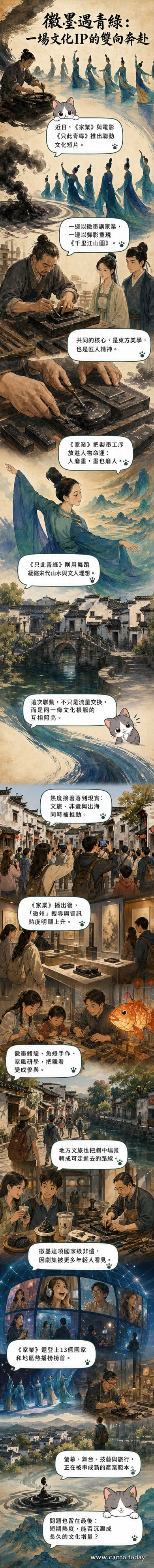 《家業》與《只此青绿》聯動視覺圖，墨色與青綠色調交融，背景為徽州建築與《千里江山圖》意象。