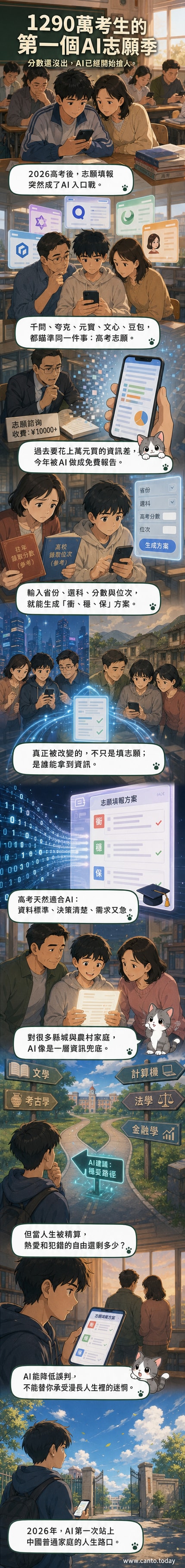 一名學生面對螢幕上的AI志願建議，背後是高考教室與數據流的交會
