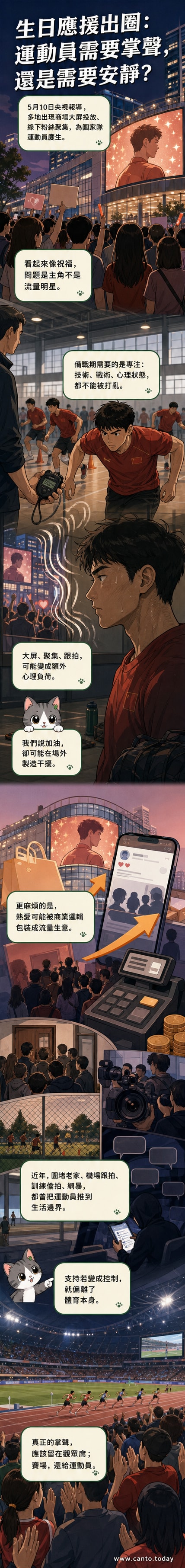 一名運動員在場上專注比賽,背景是模糊的粉絲應援看板與商場大螢幕上的慶生畫面