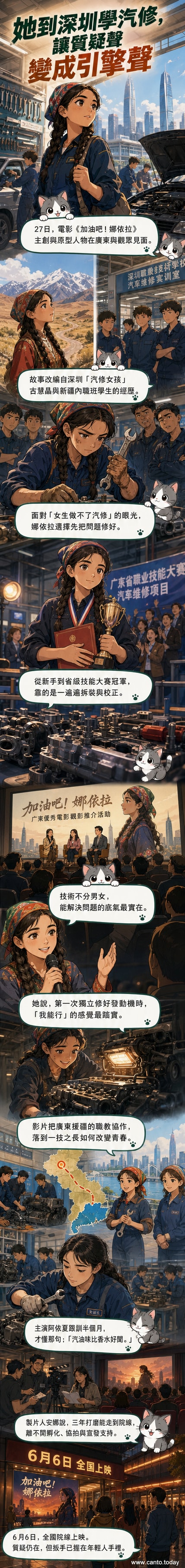 電影《加油吧!娜依拉》海報,主角身穿汽修服站在車旁,背景為校園與機械工具,展現青春與技術結合的主題。