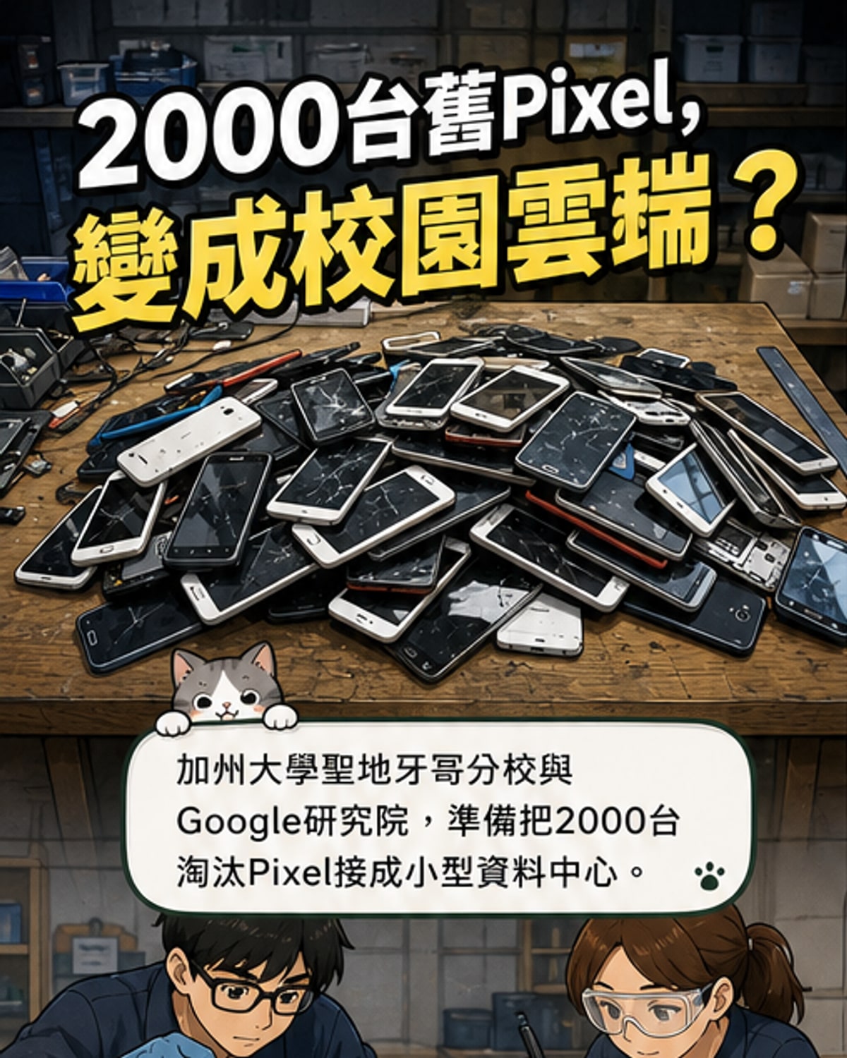 一組由多支舊Pixel手機主機板組成的伺服器集群，安裝在金屬機架上，背景為實驗室環境。