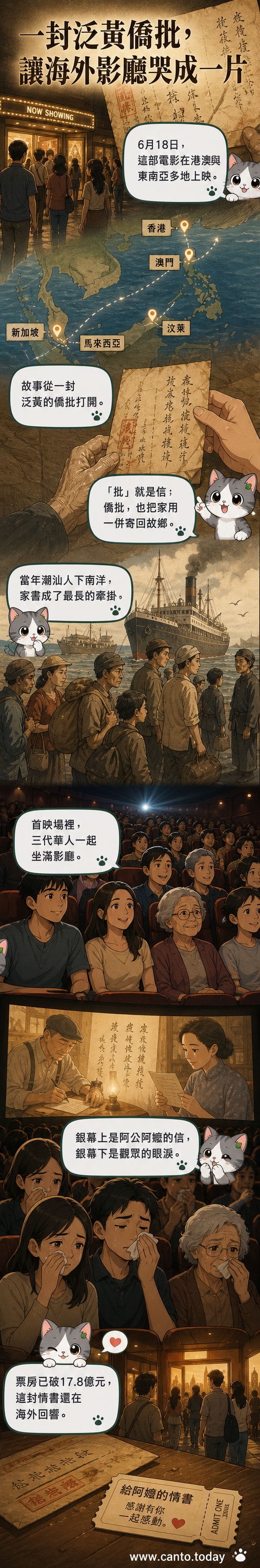 一張泛黃的家書靜置在木桌上，背景是南洋風情的老屋，象徵《給阿嬤的情書》中跨越海峽的思念